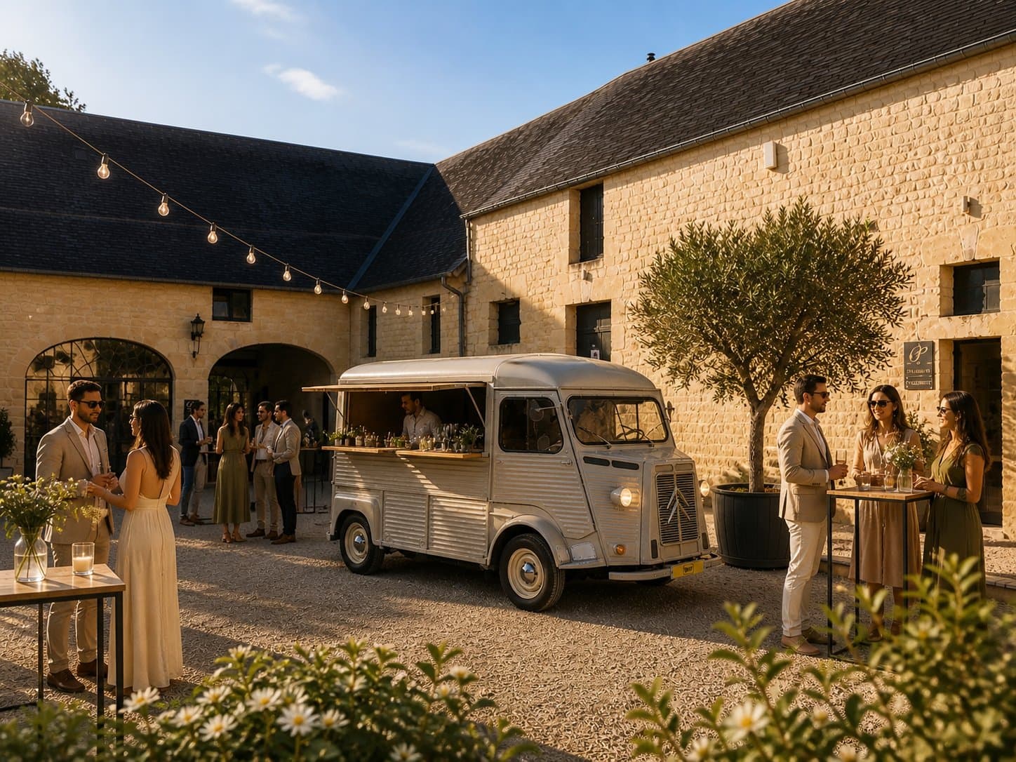 Citroën HY de 1972 servant les cocktails dans la Cour d'Honneur du Domaine de la Cour des Lys, lors d'un vin d'honneur de mariage au coucher du soleil