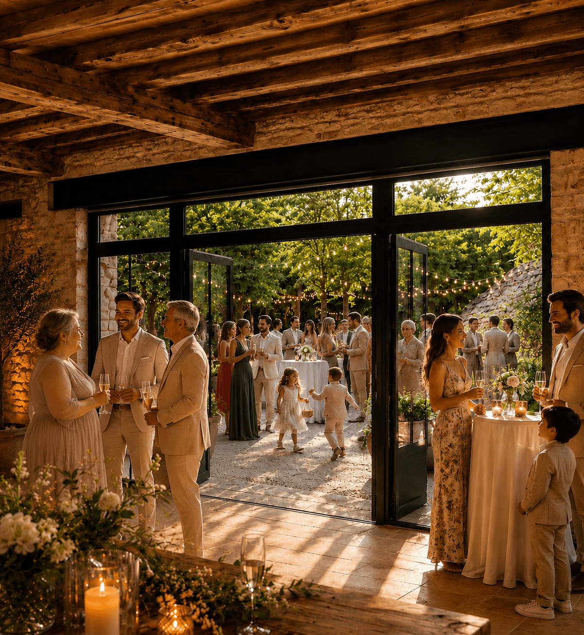 Cocktail de mariage au Domaine de la Cour des Lys à l'heure dorée — vue depuis la salle Marie-Antoinette aux baies vitrées ouvertes sur le parc, mariée, enfants et invités au cocktail sous la pergola illuminée
