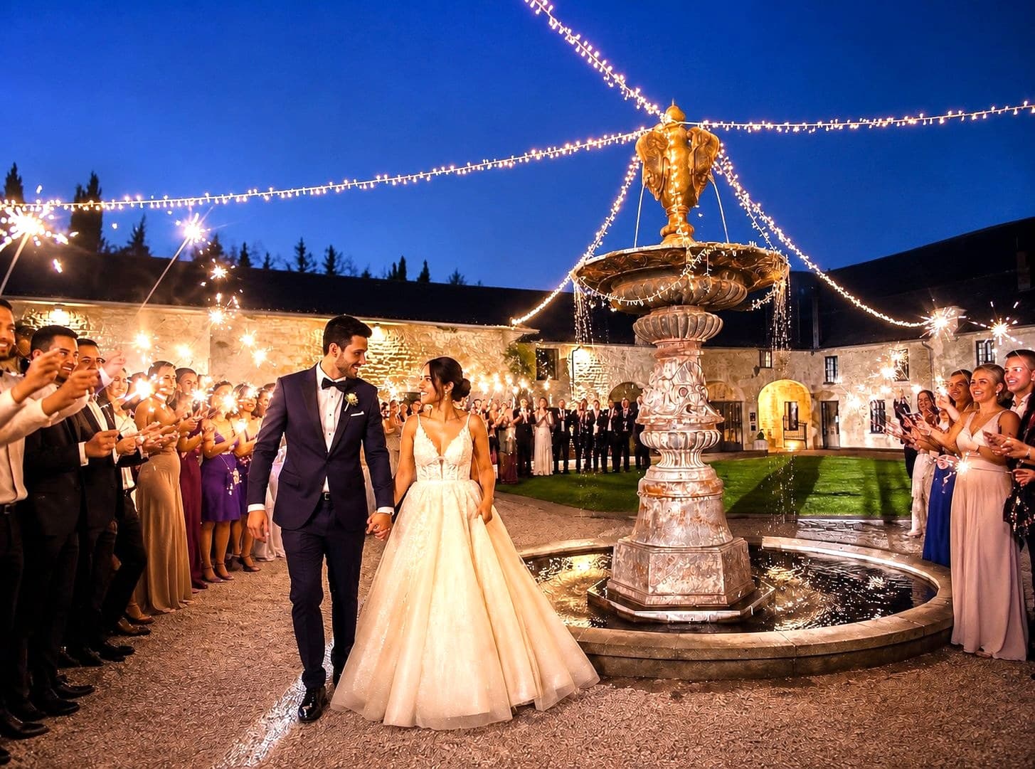 Couple de mariés à la fontaine de la Cour d'Honneur du Domaine de la Cour des Lys, entouré de cierges magiques — mariage en Calvados, entre Caen et Bayeux