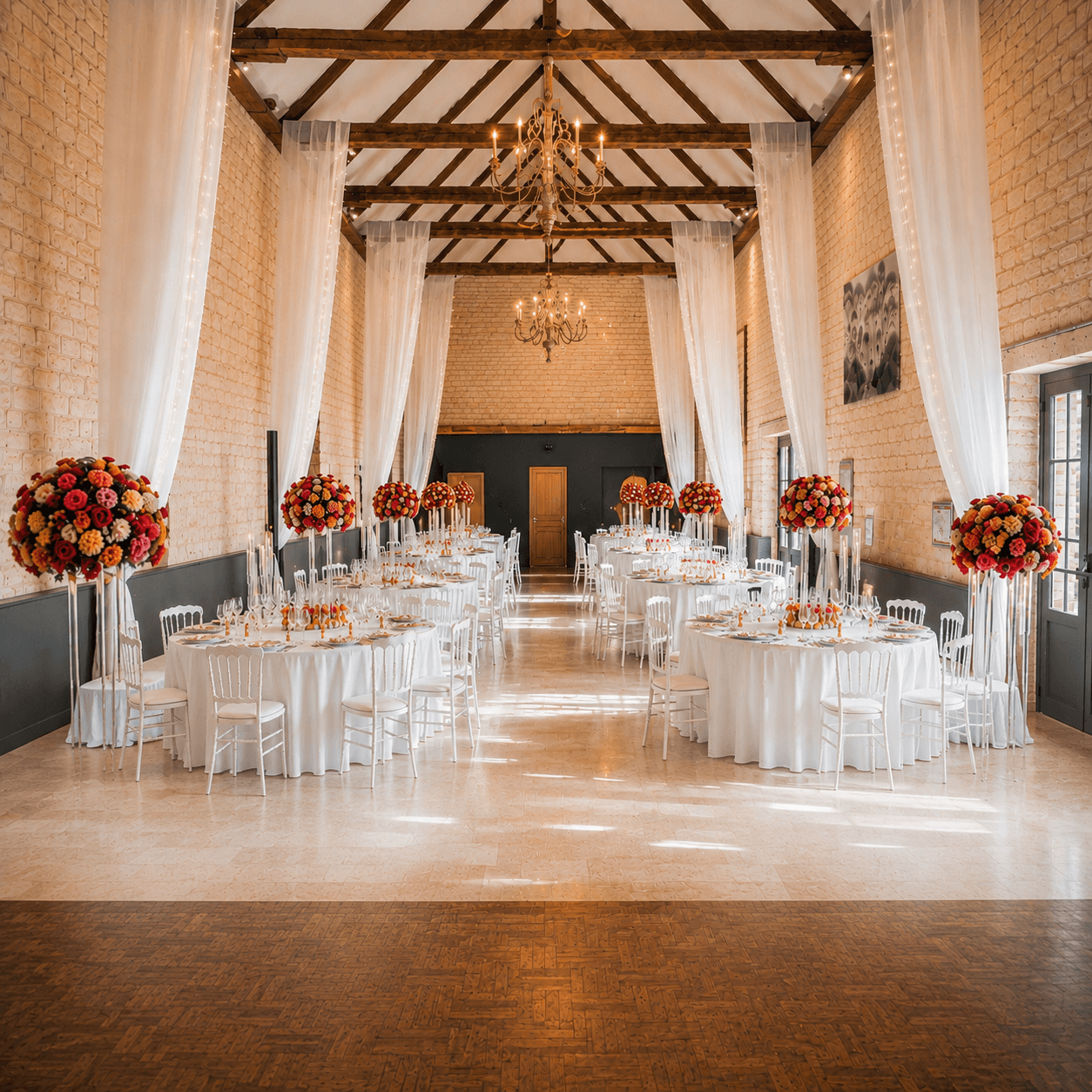 Grande salle de réception du Domaine de la Cour des Lys décorée pour un mariage — voilages blancs entre les poutres, compositions florales orange et rose, lustres anciens