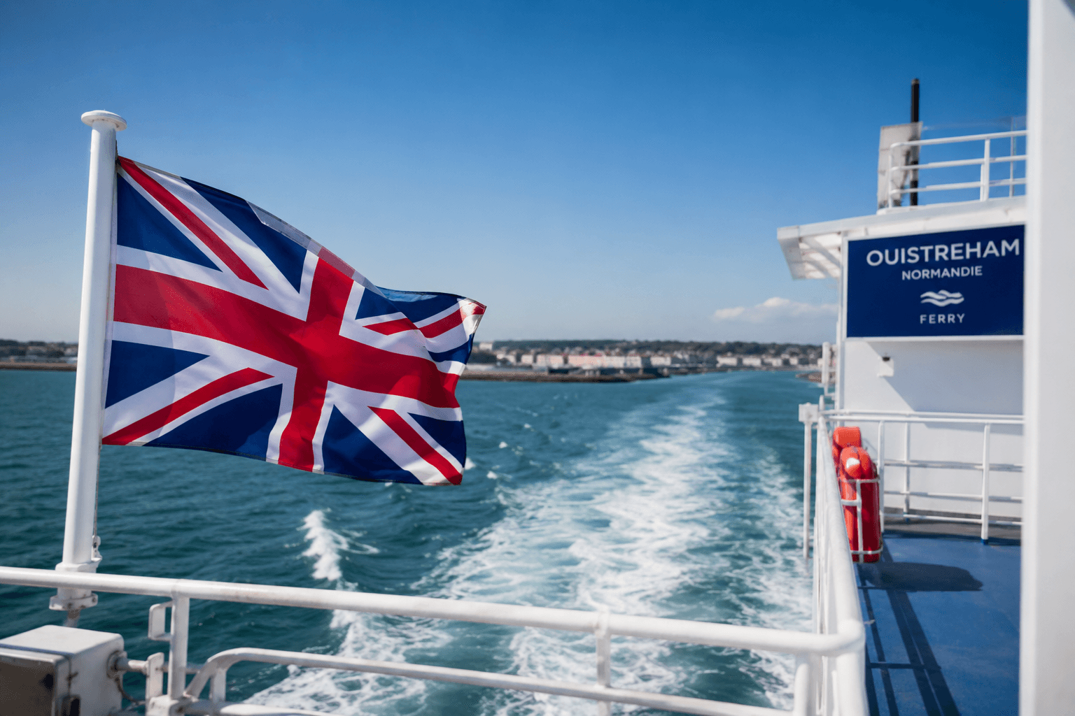 Union Jack on a Brittany Ferries ship arriving at Ouistreham, Normandy — wedding venue Domaine de la Cour des Lys 20 minutes from the port